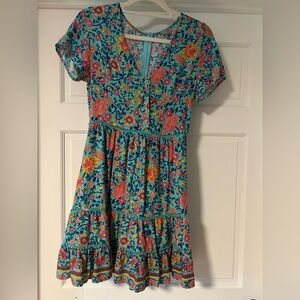 ePretty Vibrant Teal Dress with Pink and Orange Floral Accents